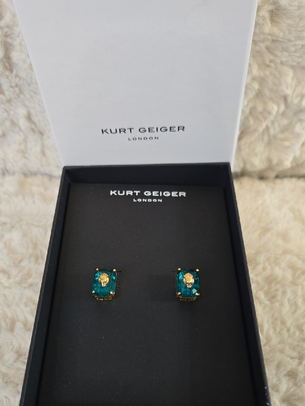 Kurt Geiger Teal Green Gold-Trim Rectangular Stud Earrings